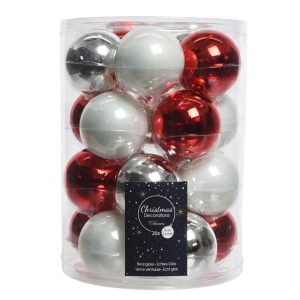 Kerstbal Glas Rood/Wit/Zilver Mix 60Mm